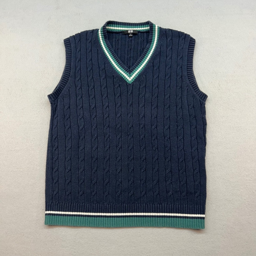 90's Uniqlo Mens Navy Blue Cable Knit V-Neck Sweater Vest Green White Trim Sz M
